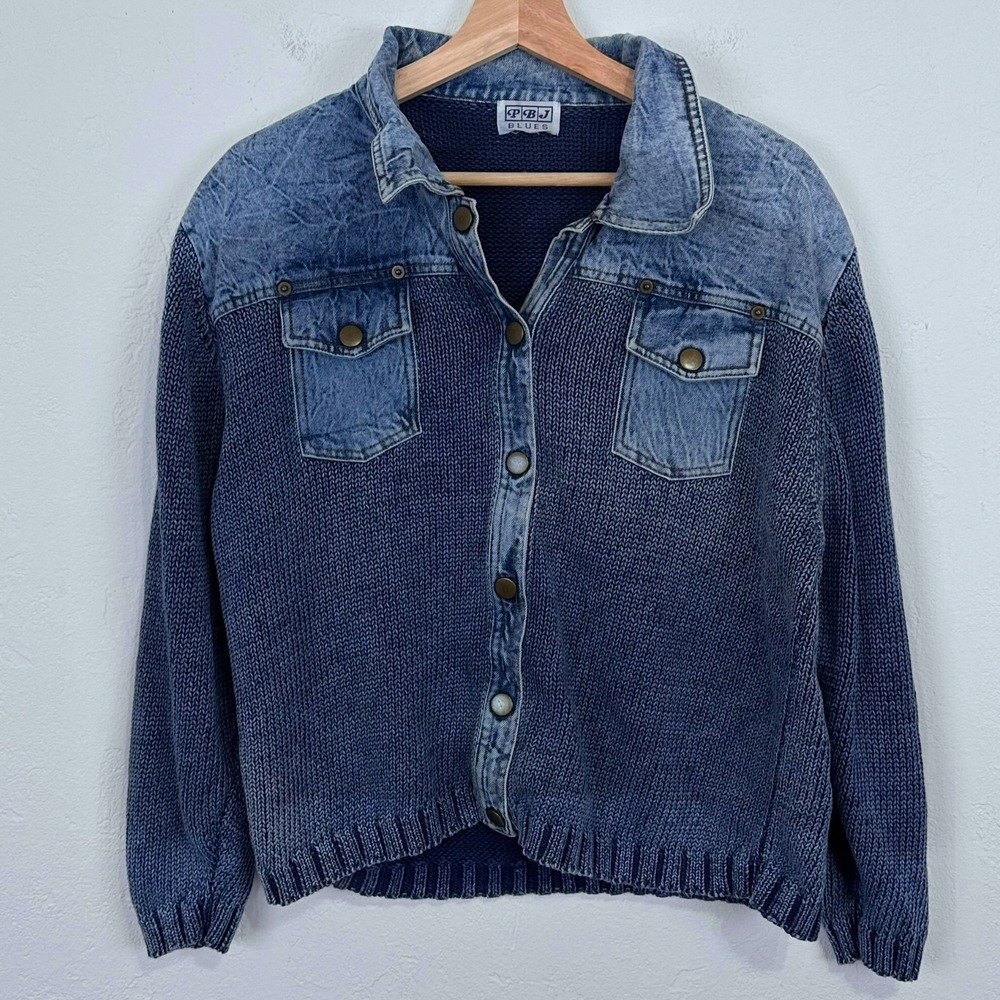 Vintage PBJ Blues Womens Mixed Media Jacket Size Large Acid Wash Knit Denim